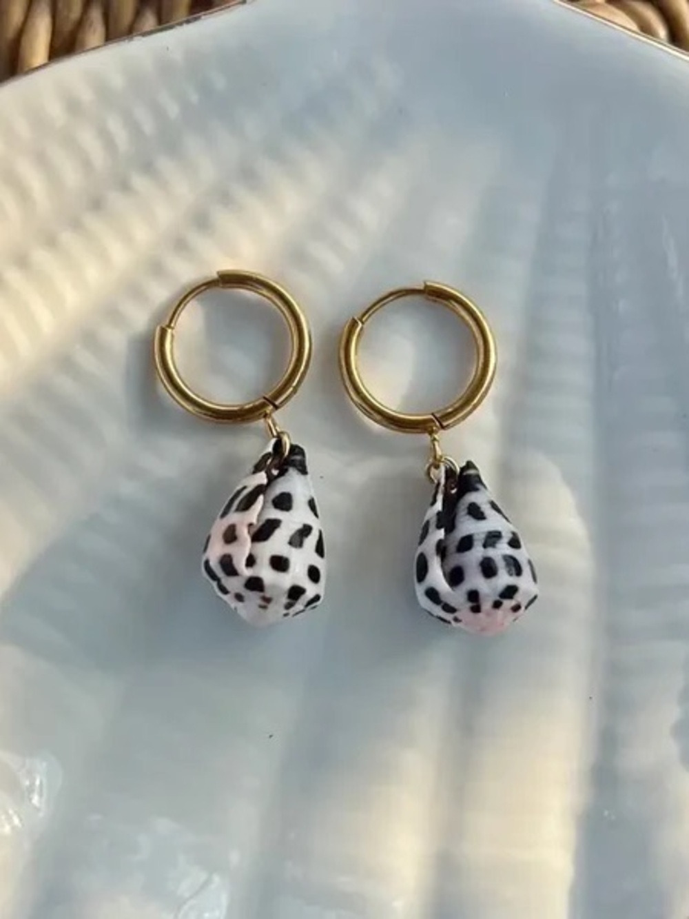 Gold Hoop Earrings with Black & White Speckled Shell Charms